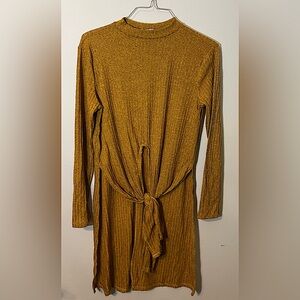 Say Anything Mustard Long Sleeve Tie-Front Ribbed Knit Midi Dress! Size 1X.